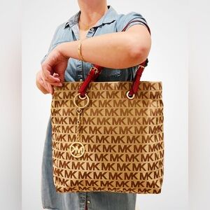 Michael Kors Monogram Tote with Red Leather Handles, All Gold MK Logo Bag Charm